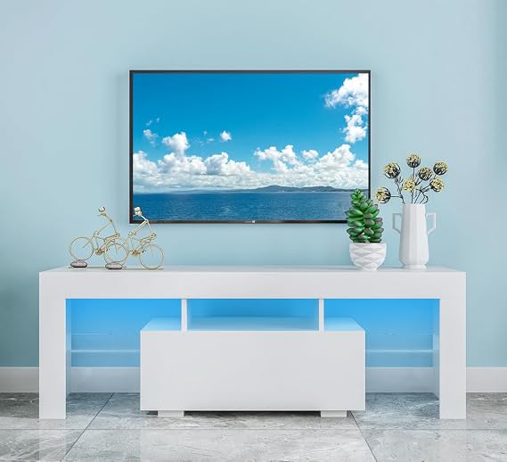 Modern LED TV Stand with Drawer for 32 40 45 50 55 inch TV, Entertainment Center with Storage and Shelves, Gaming Television Stands, Media Console Table, Under TV Cabinet (White)