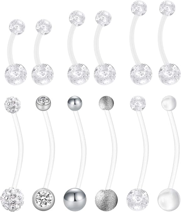 JFORYOU Pregnancy Belly Rings Maternity Navel Rings Flexible Bioplast Long Belly Button Rings Clear Navel Retainer Body Piercing for Daily Wear, Maternity Photoshoot and Beach Swimming