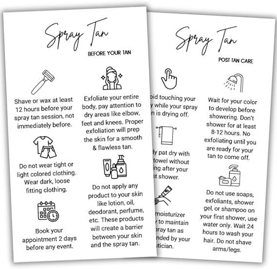 Spray Tan Pre and Post Care Aftercare Instruction Cards | 50 Pack | 3.5 x 2" Business Card Size | Black with White Design Aftercare Instructional card