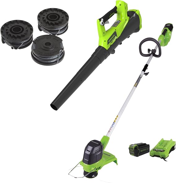 Greenworks 40V Cordless String Trimmer and Leaf Blower Combo Kit, 2.0Ah Battery and Charger Included & Greenworks 0.065" Dual Line Replacement String Trimmer Line Spool, 3 count (Pack of 1)
