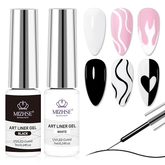 MIZHSE Gel Liner Nail Art, White and Black Painting Gel Polish Long Lasting