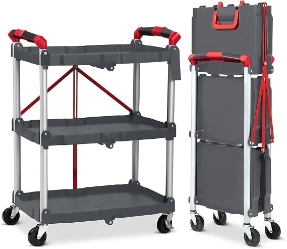 Portable Folding Tool Trolley, 3-Tier Service Cart with Wheels, Plastic Utility Trolley, Collapsible Rolling Cart, 168 Lbs Capacity, for Home Office School Garage Warehouse