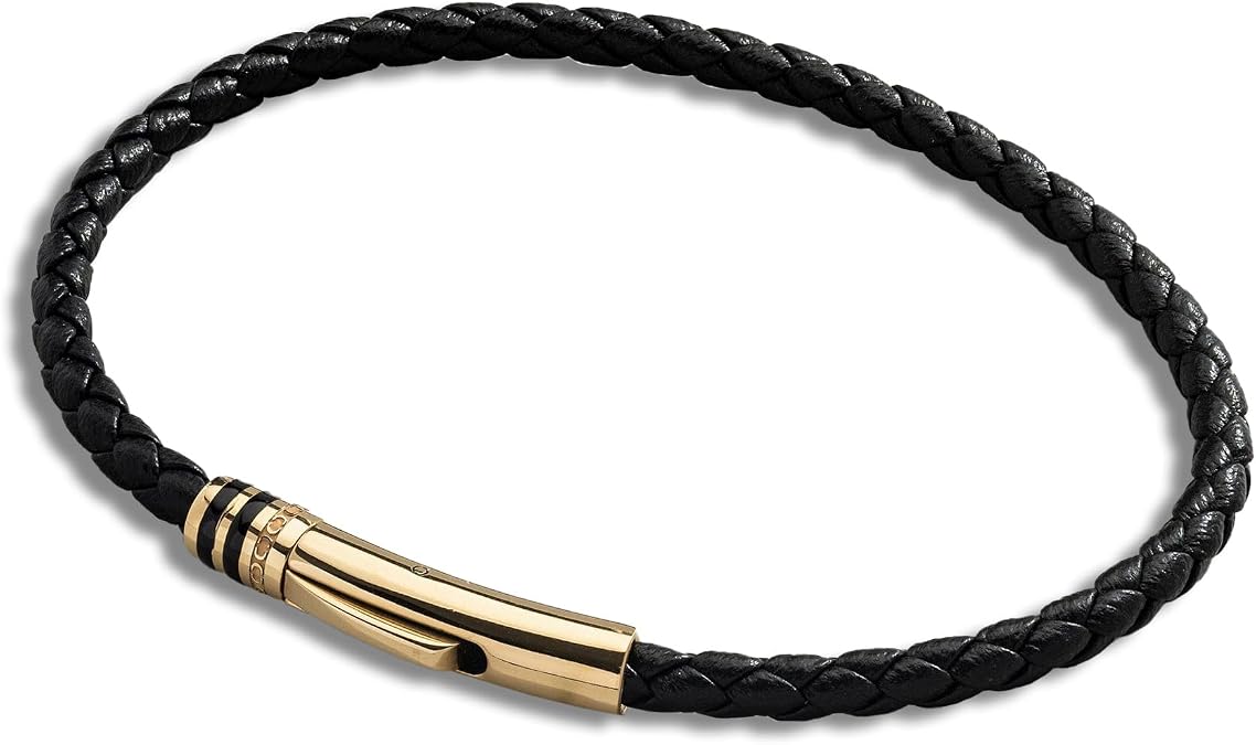 | Black Leather Bracelet | Everyday Wear | Gold & Silver Jewelry | Mens Jewelry | Hypoallergenic | Waterproof, Heat & Sweat Resistant
