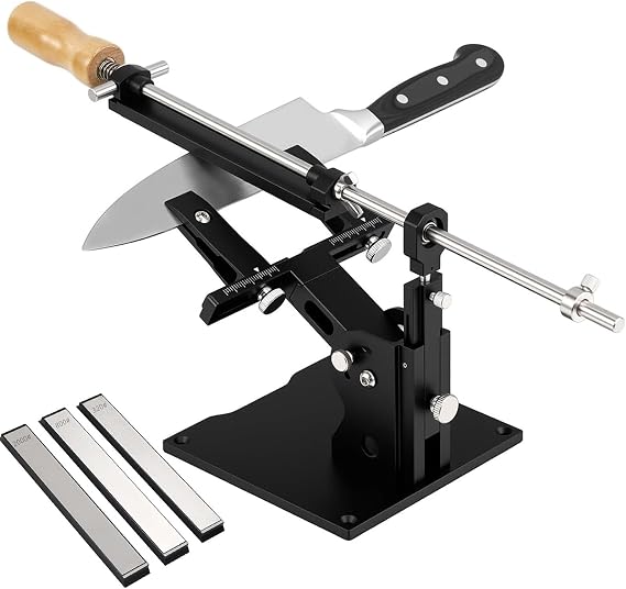 Knife Sharpener, Manual Guided Sharpening System Kit, Aluminum Tool with 3 Diamond Stones, 360° Adjustable Dual Clamp for Kitchen Cutlery