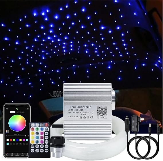 10W Car Home Use Twinkle Bluetooth App Fiber Optic Star Ceiling Light Kit, RGBW Sound Activated LED Engine Driver + Cables, 150pcs*0.03in/0.75mm*6.5ft/2m + 28key Remote Control [Energy Class A]