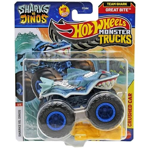 Hot Wheels Monster Trucks Sharks vs Dinos, 1:64 Scale Die-Cast Vehicle Collection, 2025 Edition 38 Team Shark Great Bite