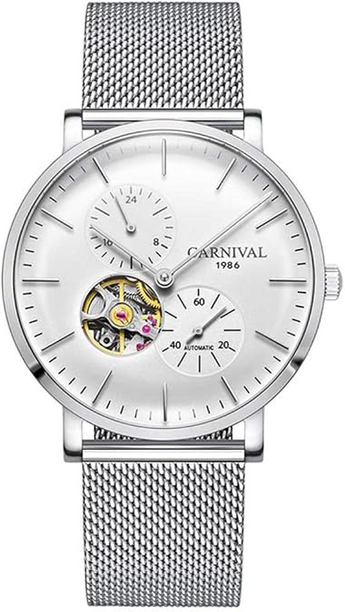 MASTOP Brand Men's Watches Automatic Mechanical Skeleton 24-Hours Stainless Steel Mesh Strap Ultra Thin Watch