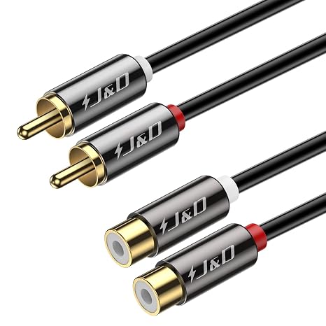 J&D 2 RCA Extension Cable, RCA Cable, Gold Plated Copper Shell Heavy Duty 2 RCA Male to Female Stereo Audio Extension Cable, 9 Feet