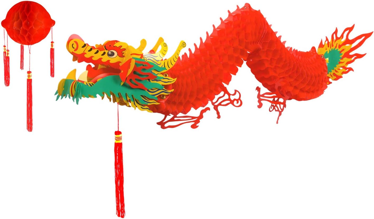 TUPARKA Chinese New Year Dragon with Red Lantern for Chinese Lunar New Year Decorations Waterproof Dragon Hanging Garland for Spring Festival New Year Supplies Indoor Outdoor Decoration 4.92 Feet