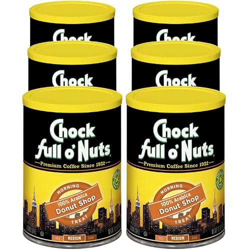 Chock Full o Nuts Donut Shop Ground Coffee Premium Beans in Recyclable Steel Can Rich Flavor & Aroma, Medium Roast Perfect for Drip, Pour-Over, Percolator 10.2 Oz Can, Pack of 6