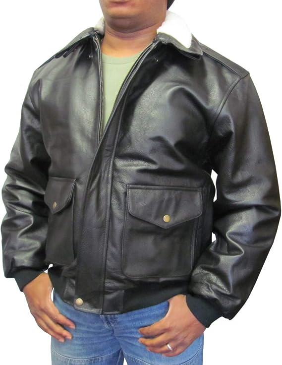 Black Leather Mens Bomber Jacket #299-0