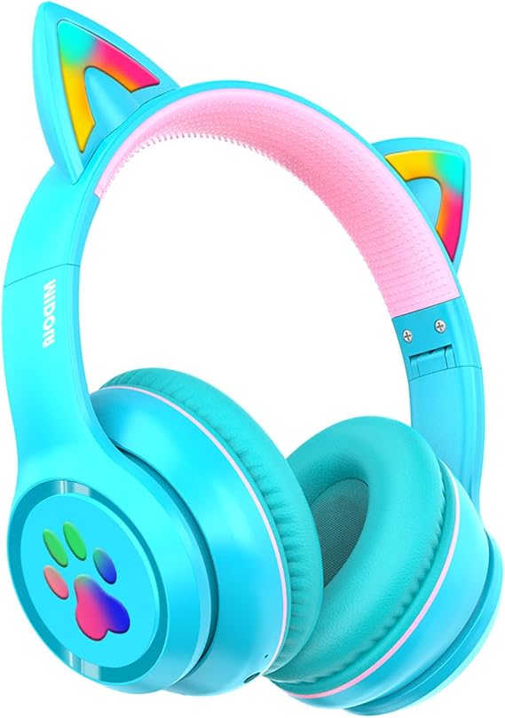MIDOLA Bluetooth Headphones Wireless Cat Ear 60H/8H with LED Light Mic Cyan