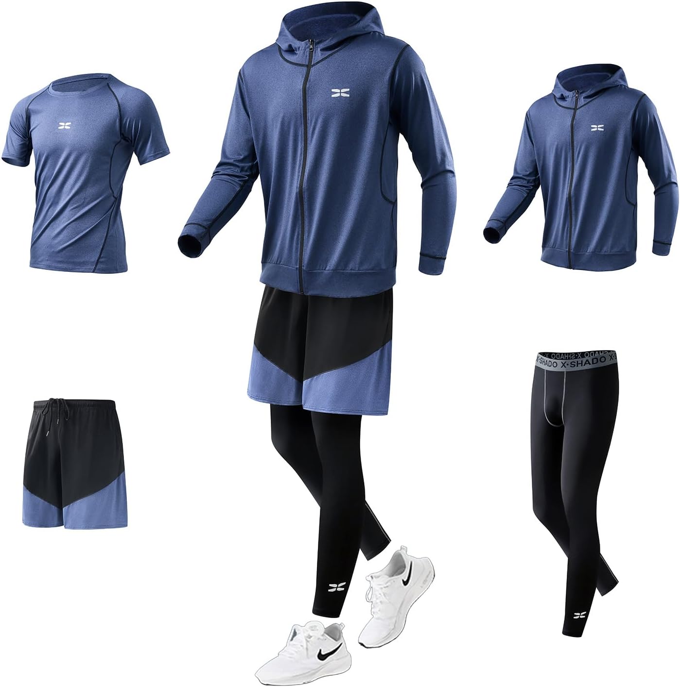 Ademe Mens Compression Wear, 5-Piece Set, Training Wear, Breathable, Odor-Resistant, Hoodie, Long-Sleeve Shirt, Short-Sleeve Shirt, Shorts, Tights, Moisture-Wicking, Quick-Drying