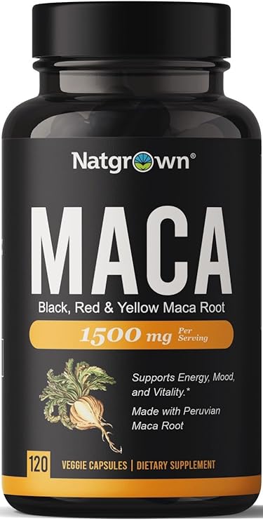 Natgrown Organic Maca Root Powder Capsules - Black, Red & Yellow - 120 ct | 1500 mg per Serving, Gelatinized Peruvian Maca Supplement for Men & Women - Non-GMO, Gluten-Free, Vegan