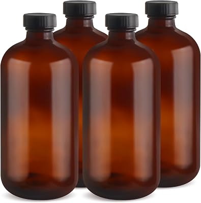 480ml16oz Amber Glass Bottles Brown Round Bottle Containers with Black Leak Proof Seal Caps for Homemade Essential Oils Lab Home Kitchen - 4 Pcs