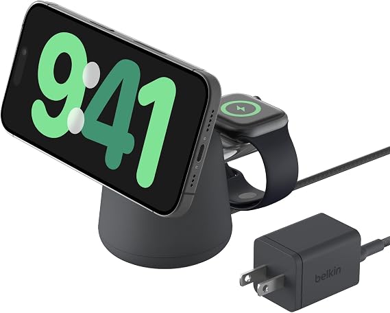 Belkin Qi2 15W Wireless Charging Dock, 2 in 1 Fast iPhone Charger | iPhone 17/16/15/14/13, AirPods, Qi2-enabled devices compatible, power adapter included, desk dock