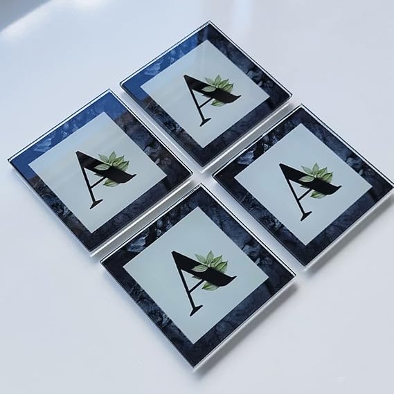DECORITA 4'lü Takım | Harfli Tasarım Cam Bardak Altlığı | 10cm X 10cm | (A HARFİ)