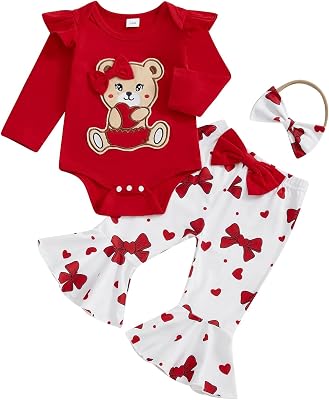 Newborn Girl Outfits Spring Baby Clothes Long Sleeve Romper With Pants And Headband Cute Infant Clothing Set Bear  Bows Red, 0-3 Months