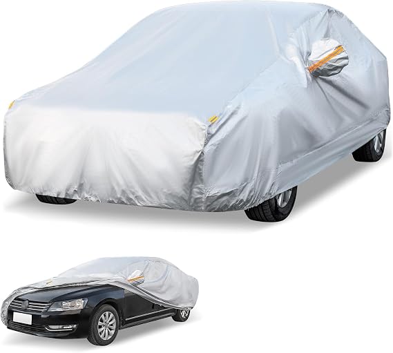 Car Cover All Weather Waterproof Full Exterior Covers, Outdoor Automobiles Cover with Door Zipper, Reflective Strips, Rain Sun Hail Protector (Fit for Sedan Up to 193'')