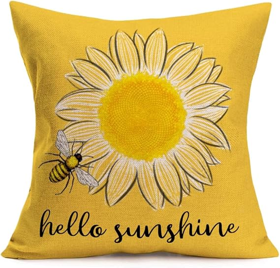 Hello Sunshine Summer Decorative Throw Pillow Covers Sunflower Bee Farmhouse Yellow Square Pillow Coves for Outdoor Patio Sofa Bedroom Car 18x18 Inch