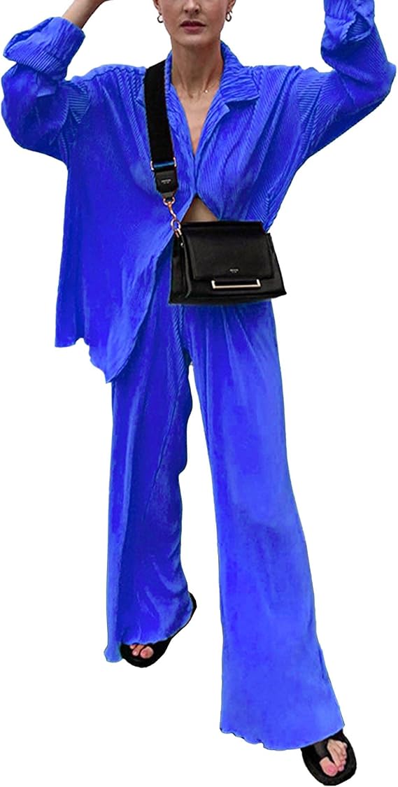 ECDAHICC Women's 2 Piece Outfits Long Sleeve Button Down Shirt Blouse High Waisted Pleated Long Pants Loungewear Streetwear