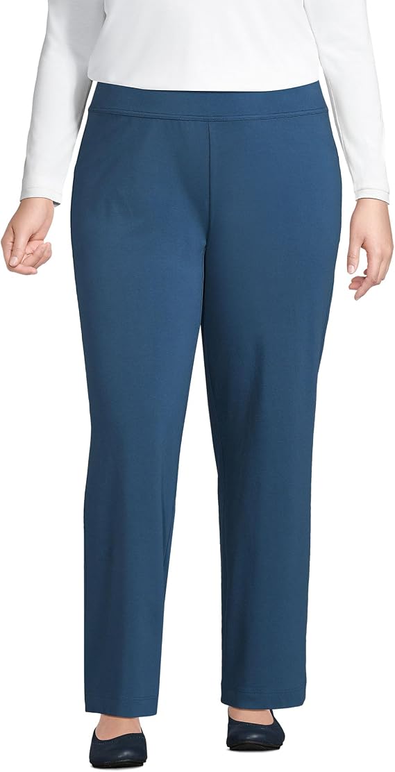 Lands' End Women's Straight Leg Knit Pants | Mid Rise, 89% Cotton Jersey With Stretch, Wide Elastic Waist, Pull-On, Travel, Work, Petite and Plus Sizes
