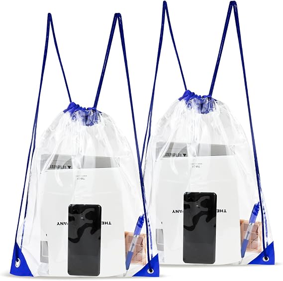 2 Pcs Drawstring Backpacks, See Through PVC Waterproof Drawstring Bags, Lightweight Clear Backpack for Gym Sports (2, Blue)