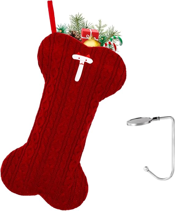 Personalized Pet Christmas Stockings with Initials Letter T Large Dog Bone Embroidered Xmas Stocking Monogram for Family Decorations 1Pcs Red