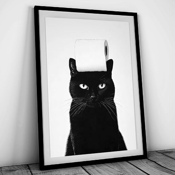 Funny Black Cat Bathroom Wall Art Toilet Paper Artwork Black and White Bathroom Cat Painting Animal Toilet Paper Bathroom Art Cute Bathroom Posters Funny Black Cat Picture Wall Decor 16x24in Unframed