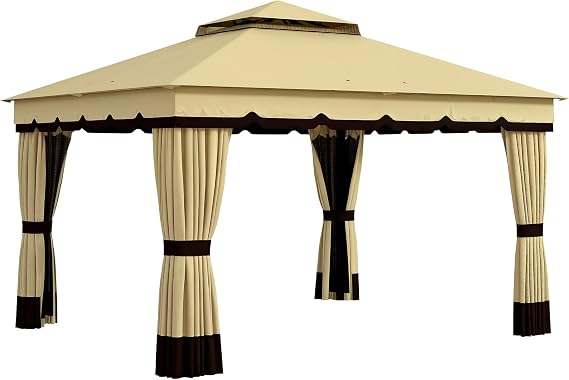 Outsunny 10' x 12' Patio Gazebo Double Roof with Netting and Curtains Beige