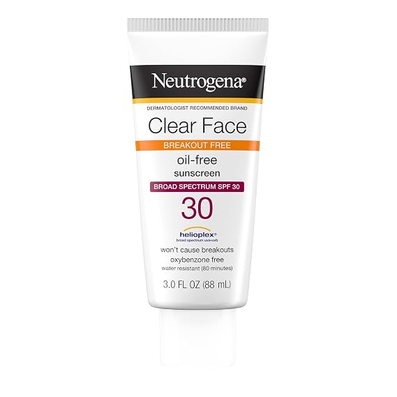Neutrogena Clear Face Sunscreen Lotion SPF 30, 3 fl. oz | For Acne-Prone Skin, Broad Spectrum UVA/UVB Protection, Fragrance-Free, Oxybenzone-Free, Water-Resistant (80 min)