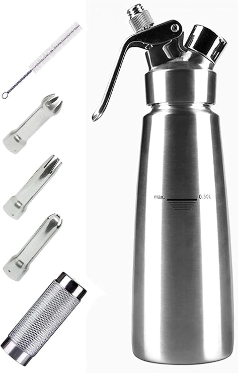 Professional Whipped Cream Siphon In 304 Stainless Steel 0.5L with 3 Decorative Nozzles (N20 Not Included)