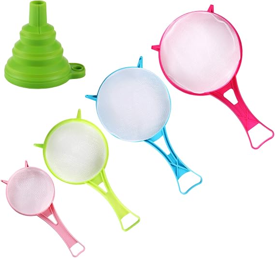 BENBO 4Pcs Plastic Mesh Strainer Colander Set, Food Soy Milk Flour Sieve Plastic Colander Strainer with Long Handle Icing Sugar Sifters Fine Strainer Tea Filter and Silicone Foldable Funnel