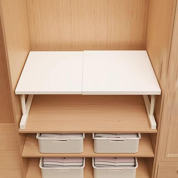 Expandable Metal Cabinet Shelf Organizer Adjustable Stackable Rack For Wardrobe Shoe Cabinet Organizer(White,L27-42cm*W42cm*H25-35cm)