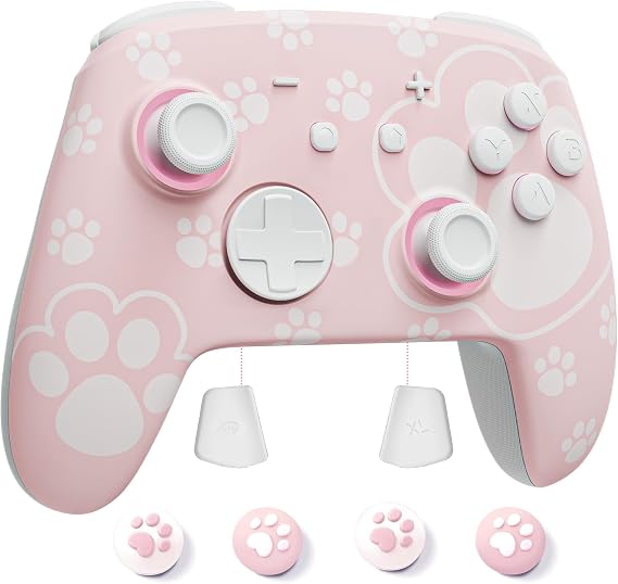 Switch 2 Pro Controller Compatible with Nintendo Switch 2/OLED/Lite, Firefly Switch Controller Wireless Bluetooth Gamepad with 7 LED Colors/Paddle/Turbo with 4 Thumb Grips - Cat Paw Pink