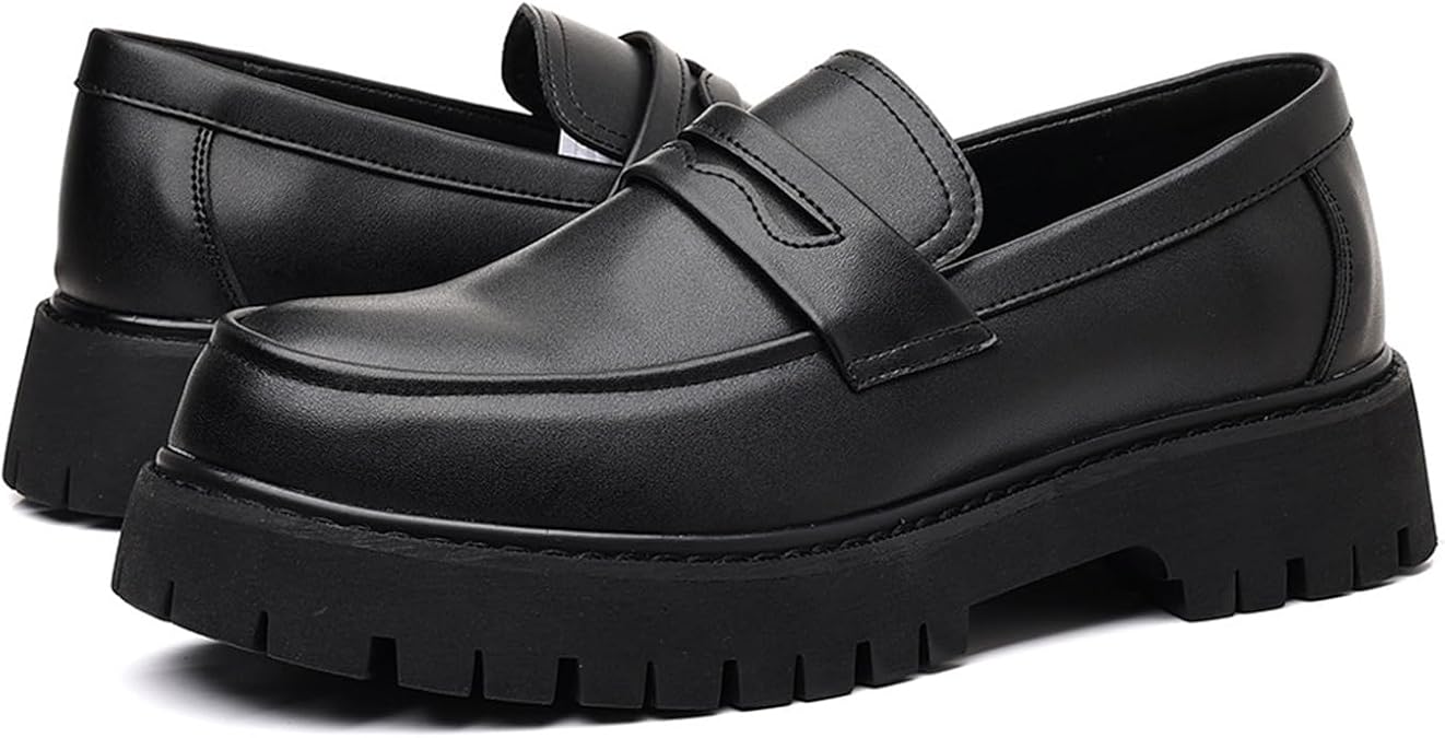 Men's Leather Platform Chunky Slip-On Penny Loafers Classic Business Casual Formal Work Shoes