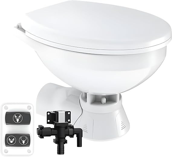 SEAFLO Quiet Flush Electric Marine Toilet - Fresh Water Rinse, 12V, Solenoid Valve, Ceramic Bowl, Soft Close Seat, Macerator Pump, 3-Way Switch Panel, Boat Yacht Toilet,