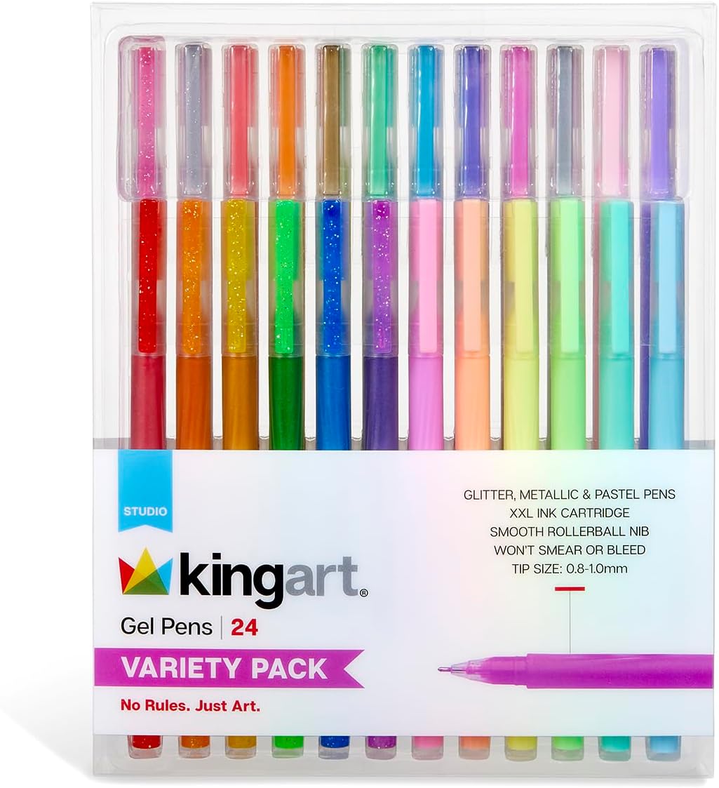 KINGART 24 Gel Pens Set: Glitter, Metallic & Pastel Colors for Adult Coloring Books, Journaling, Scrapbooking & DIY Crafts