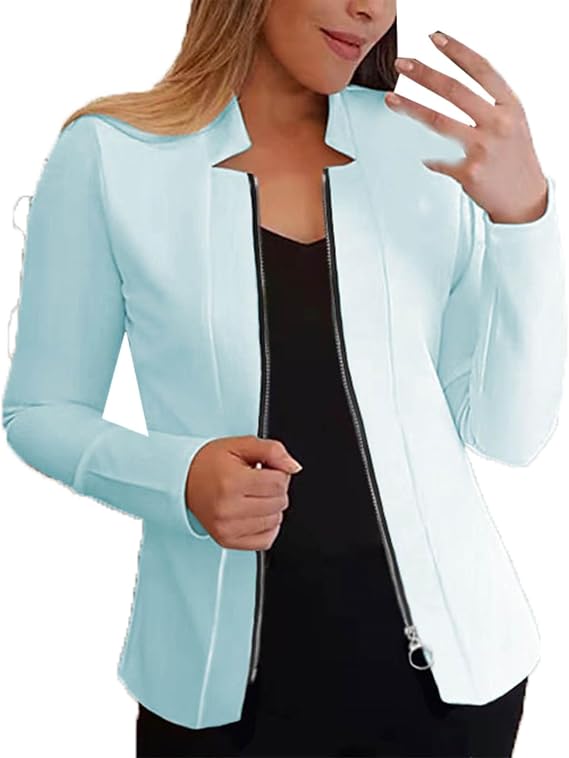 Blazer for Women Plus Size Zip up Long Sleeve Notch Lapel Solid Blazers Slim Fit Minimalist Business Office Suit Coat