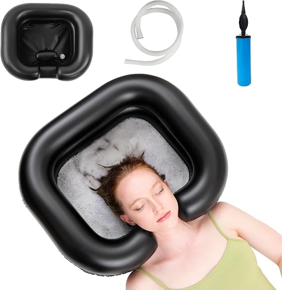 Inflatable Shampoo Basin, Portable Shampoo Bowl with Neck Support and Drain Hose, Hair Washing Basin for Bedridden, Injured, Disabled, Elderly, Kids & Pregnant Women (Black)