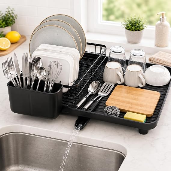 Extendable Dish Drainer Rack for Kitchen Counter,Swivel Spout & Holder | Adjustable Dish Drying Rack Expands 31.5–52.5cm, 360° Swivel Spout, Drip Tray & Anti-Rust Metal Frame, Space-Saving Dish Rack