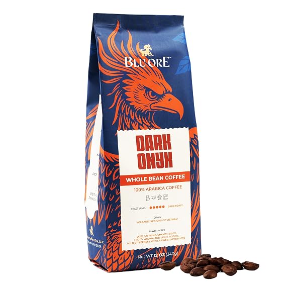 Blu Ore Dark Onyx Vietnamese Arabica Coffee Beans Single Origin Low Acidity Dark Roast with Smooth Body and Fruity Aroma