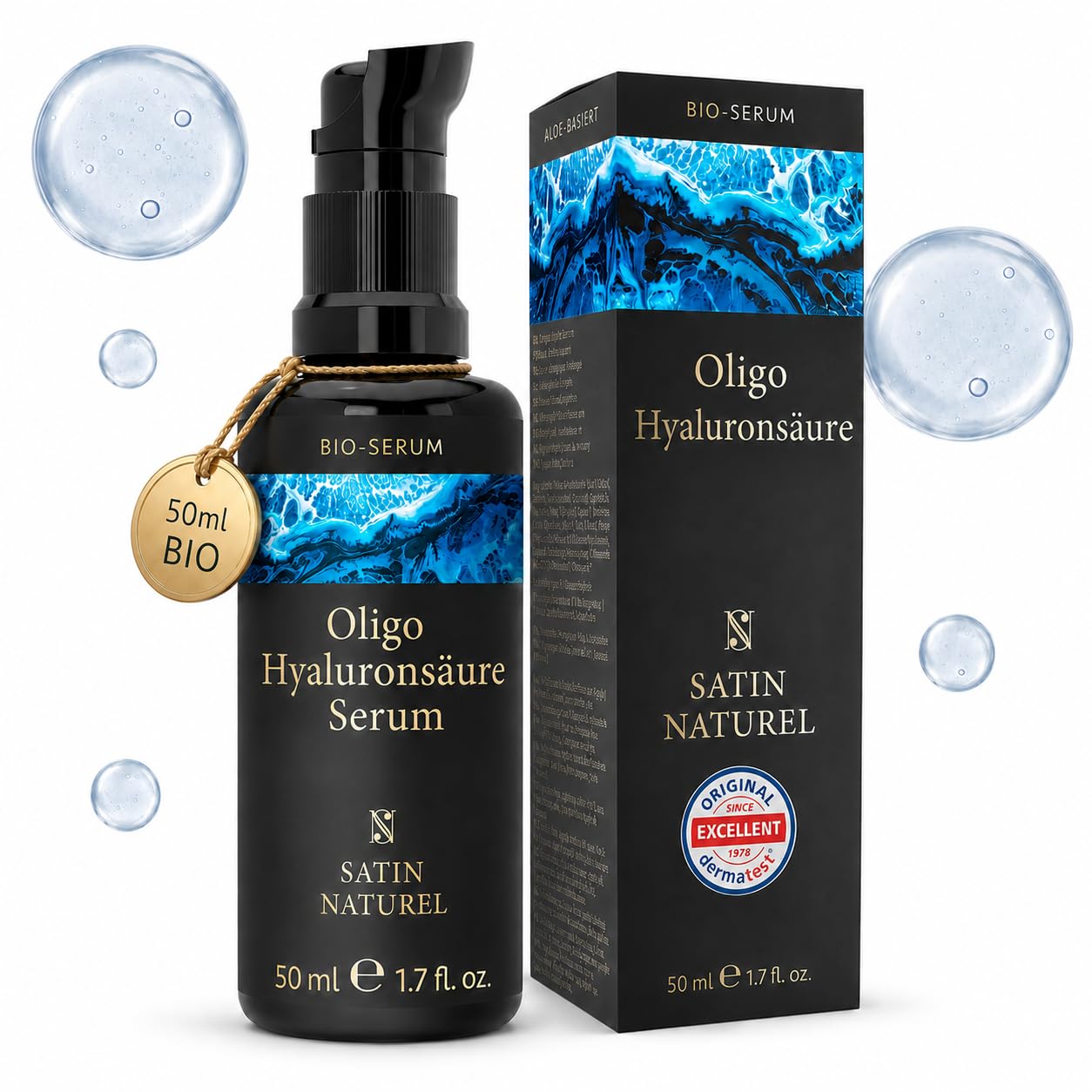 Satin Naturel Oligo Hyaluronsäure Serum Hochdosiert 50ml – Premium Gesichtsserum für Männer & Frauen – 100% Vegan – Anti-Aging & Anti-Falten – Natürliche Gesichtspflege