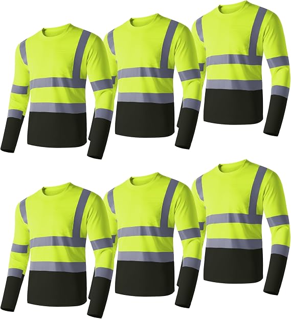 Ubon Hi Vis Long Sleeve Shirts for Men, Reflective Construction Work Shirt | 3 and 6 Pack Options, Safety Shirts in 100% Polyester with 2-Inch Tape, Moisture-Wicking Comfort, Chest Pocket