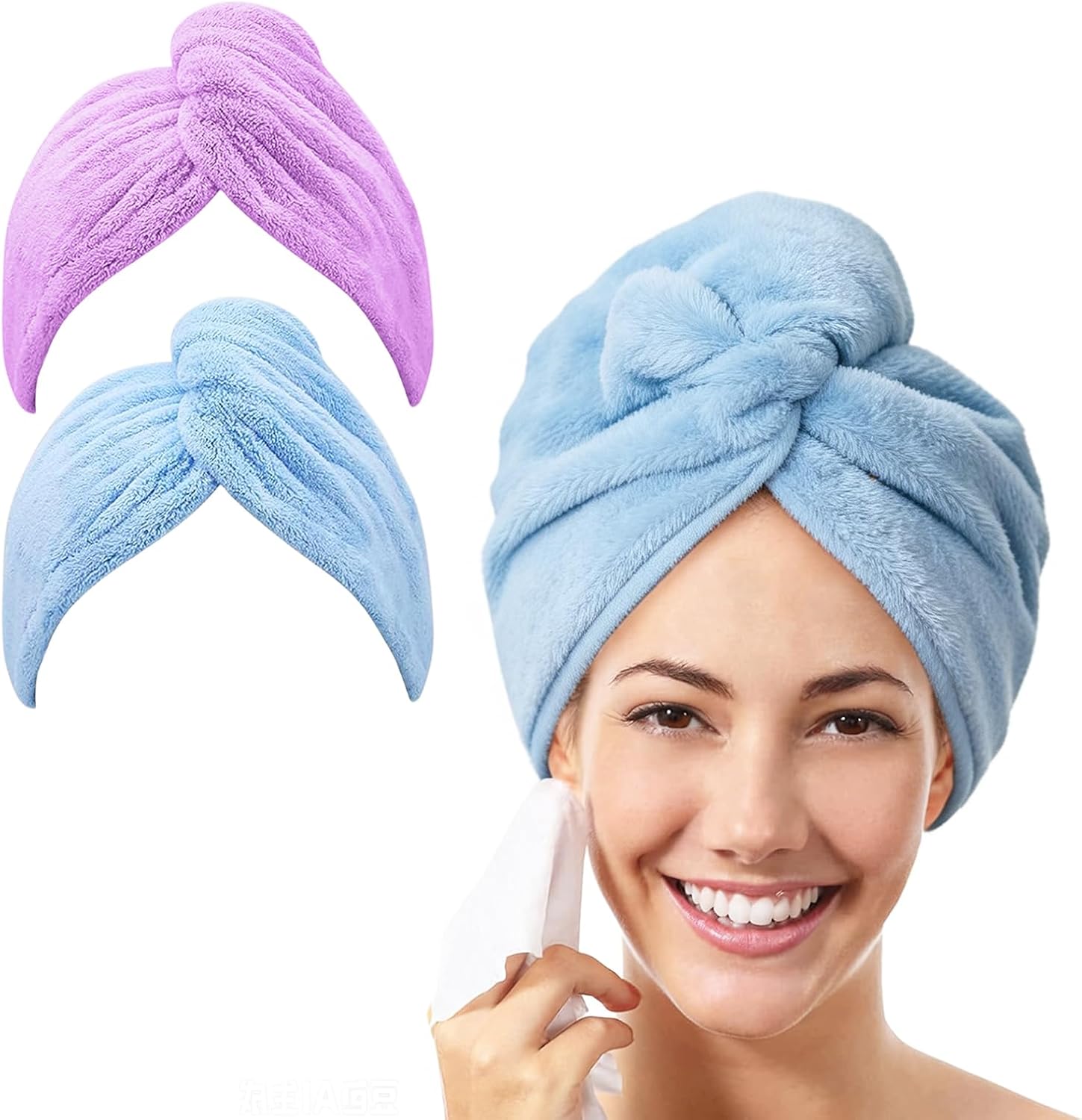 2 Pack Microfibre Hair Towel Wrap, Super Absorbent Soft Anti-Frizz Hair Towel, Quick Dry Hair Wrap Towel for Women Wet Hair, Suitable for All Hair Types (Blue Purple)