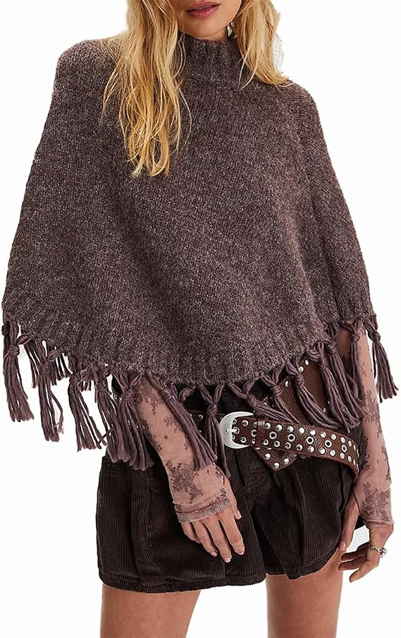 Women Tassel Knit Cropped Poncho Y2K Mock Neck Knitted Fringe Shawls Wraps Sweater Fall Winter Elegant Holiday Cape