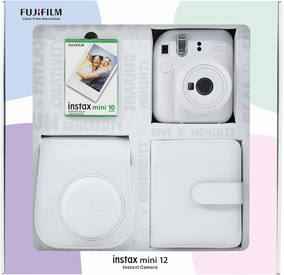 Instax mini 12 Fotoğraf Makinesi 10'lu Film Kare Albüm ve Deri Kılıf Bundle Box (Beyaz)