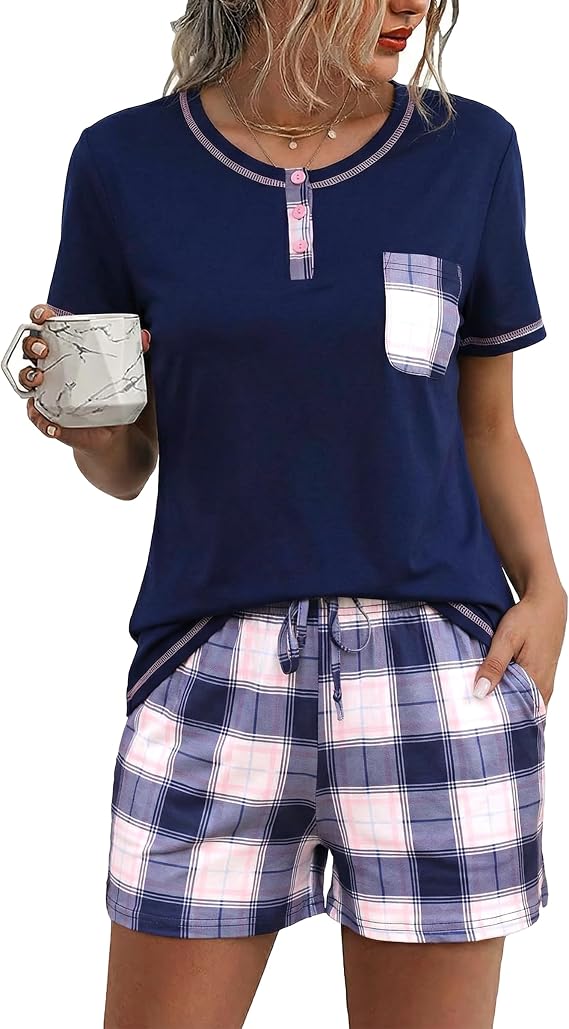 Litherday Women's Pyjamas Sets Cotton Short Sleeve Soft 2 Pieces Pjs Set Loungewear Sleepwear Nightwear Casual Summer Checked Shorts with Pocket