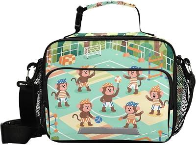 Cartoon Cute Monkey Play Ball Lunch Box for Women Waterproof Lunch Bag Tote Bag with Shoulder Strap Adult Kitchen
