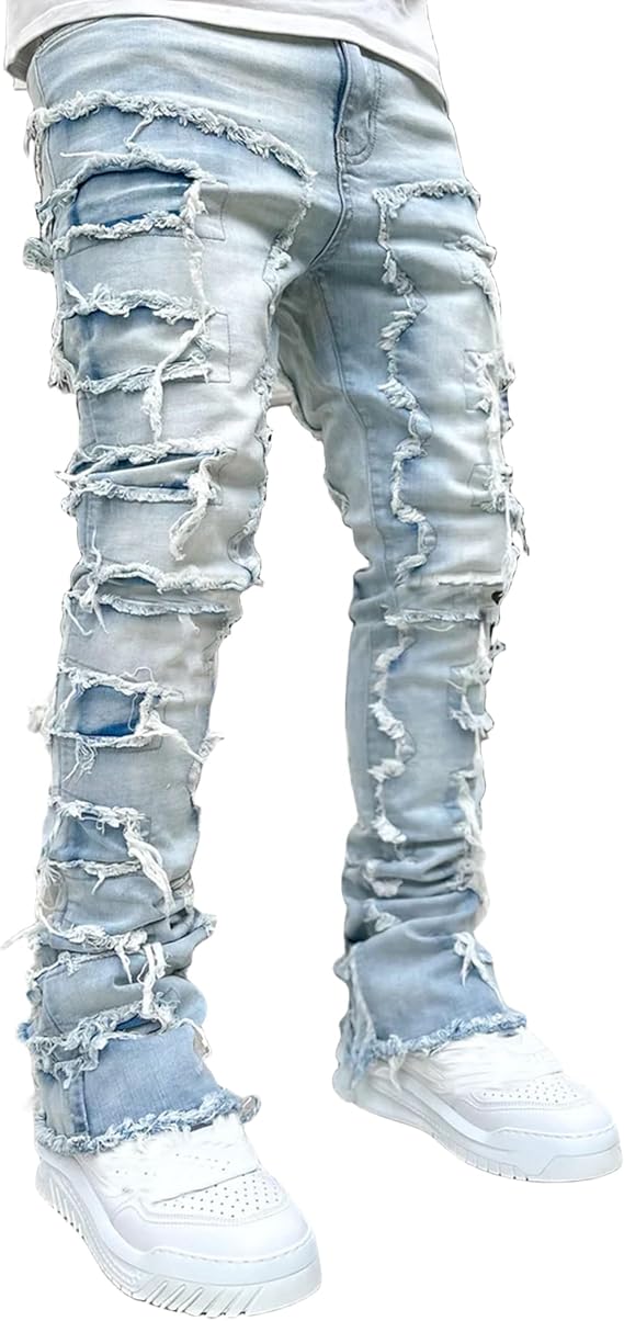 COOLMONAR Men's Ripped Distressed Destroyed Slim Fit Straight Leg Denim Jeans